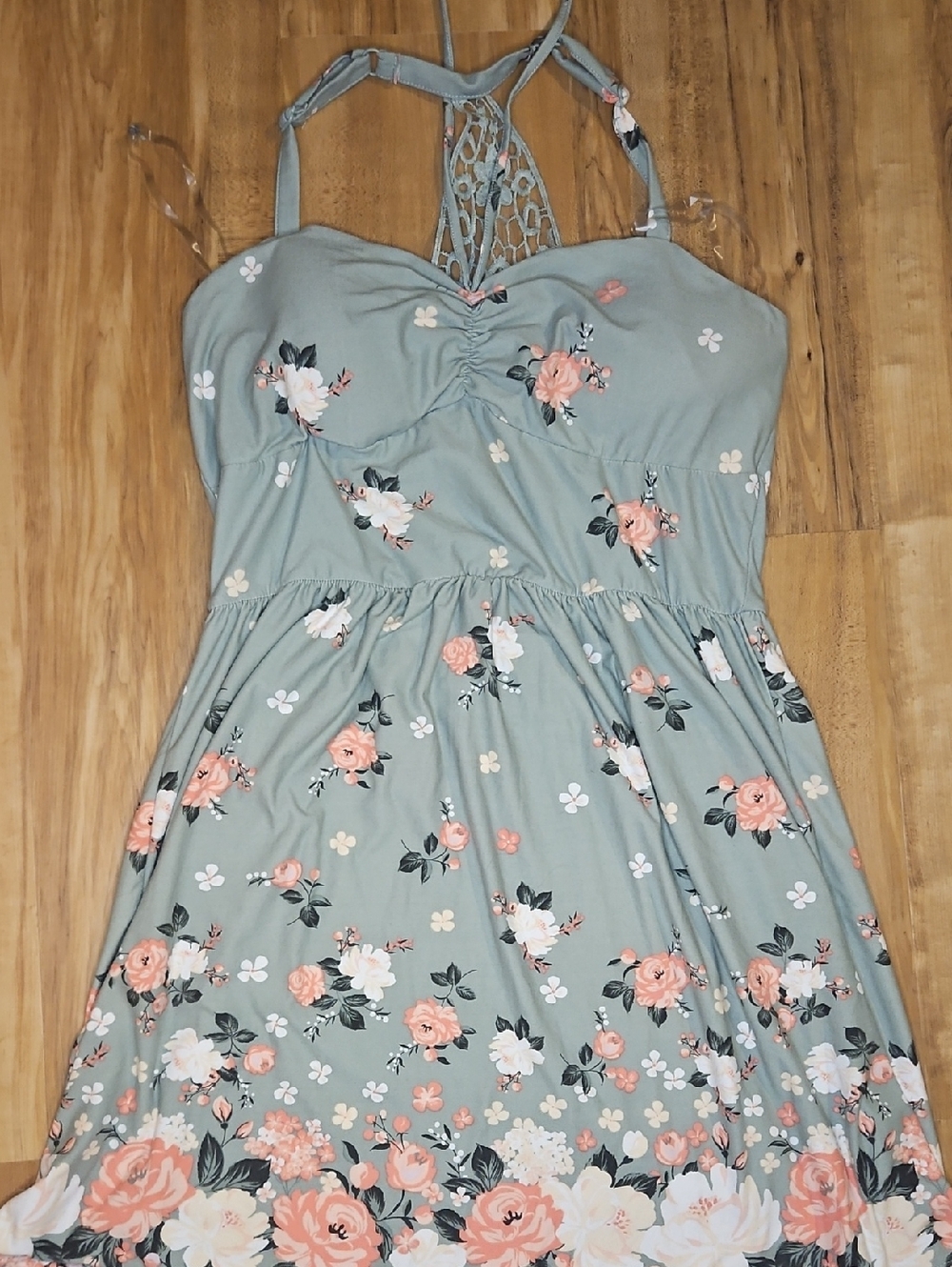 No Boundaries Mint Halter Dress with Peach Floral Accents